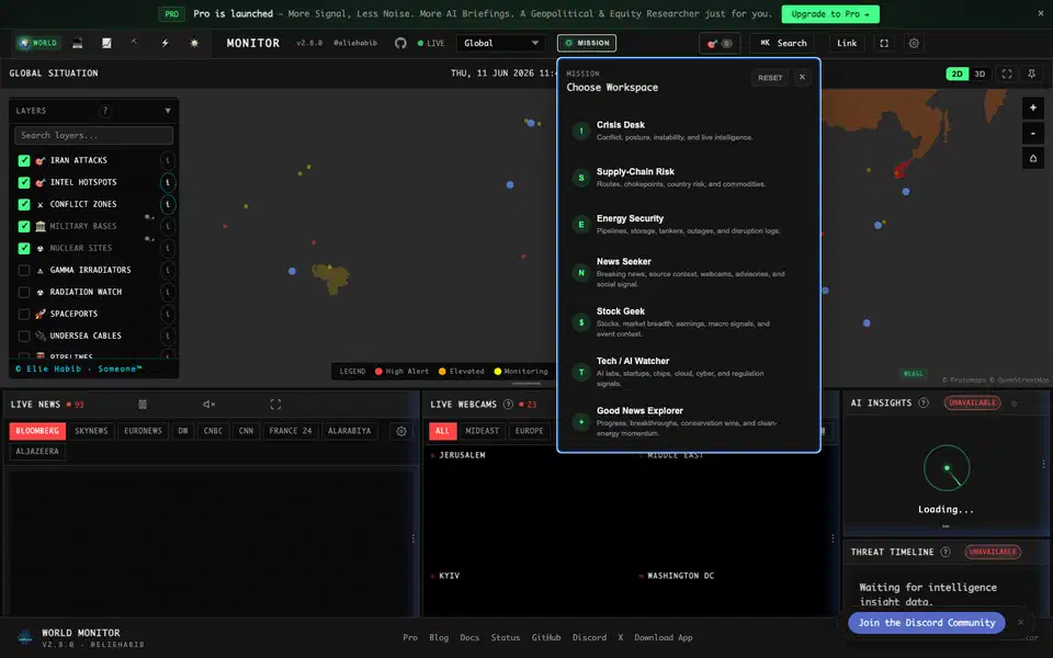 World Monitor mission workspace picker listing Crisis Desk, Supply-Chain Risk, Energy Security, News Seeker, Stock Geek, Tech and AI Watcher, and Good News Explorer
