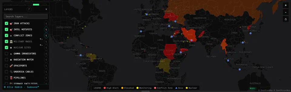Flat WebGL world map in World Monitor with countries shaded red and amber for conflict and alert levels, beside a searchable layer list of military bases, nuclear sites, undersea cables, and pipelines