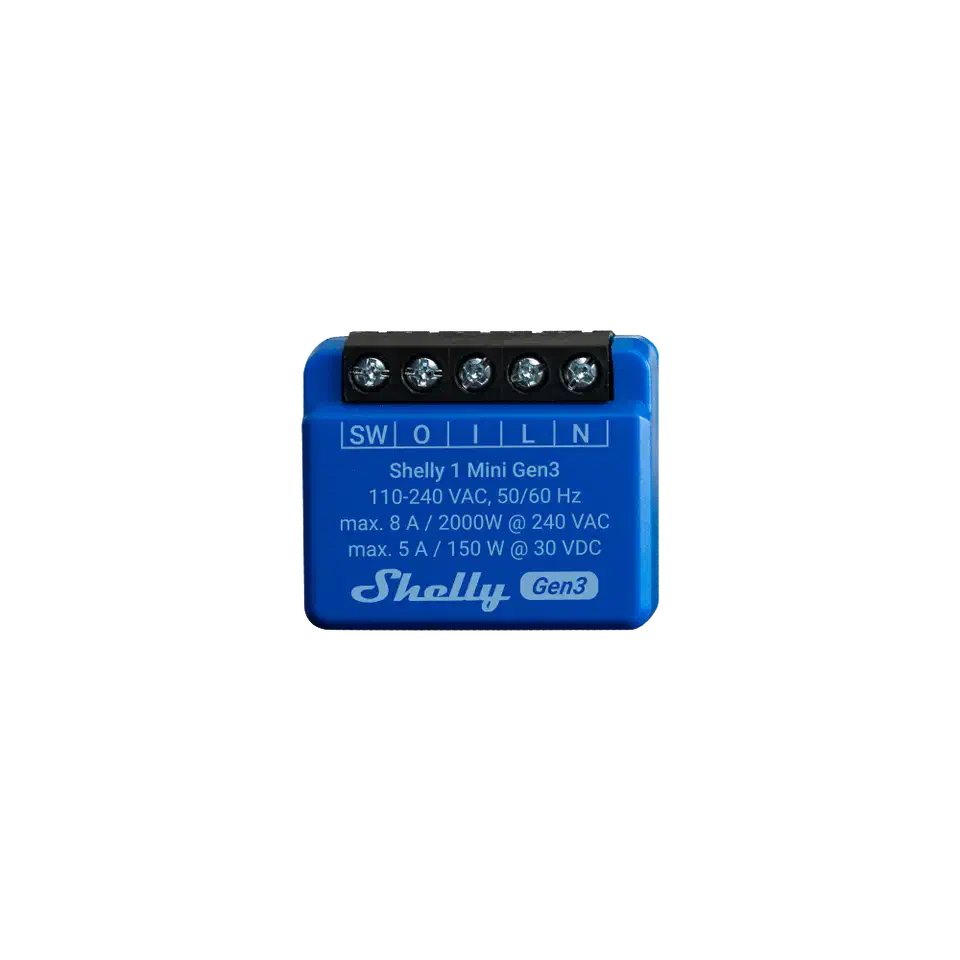 Shelly 1 Mini Gen3 relay module, compact enough to fit inside a junction box