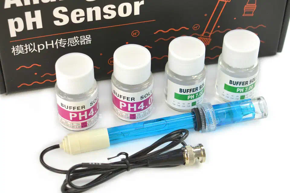 DFRobot Gravity Analog pH Sensor V2 kit with probe, signal conversion board, and pH 4.0 and 7.0 calibration buffer bottles