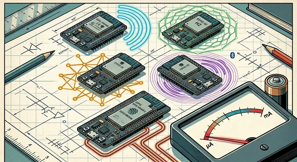 Five ESP32 chip modules on a grid, each emitting a colored radio halo, with a battery and a gauge needle pointing from milliamps down to microamps.