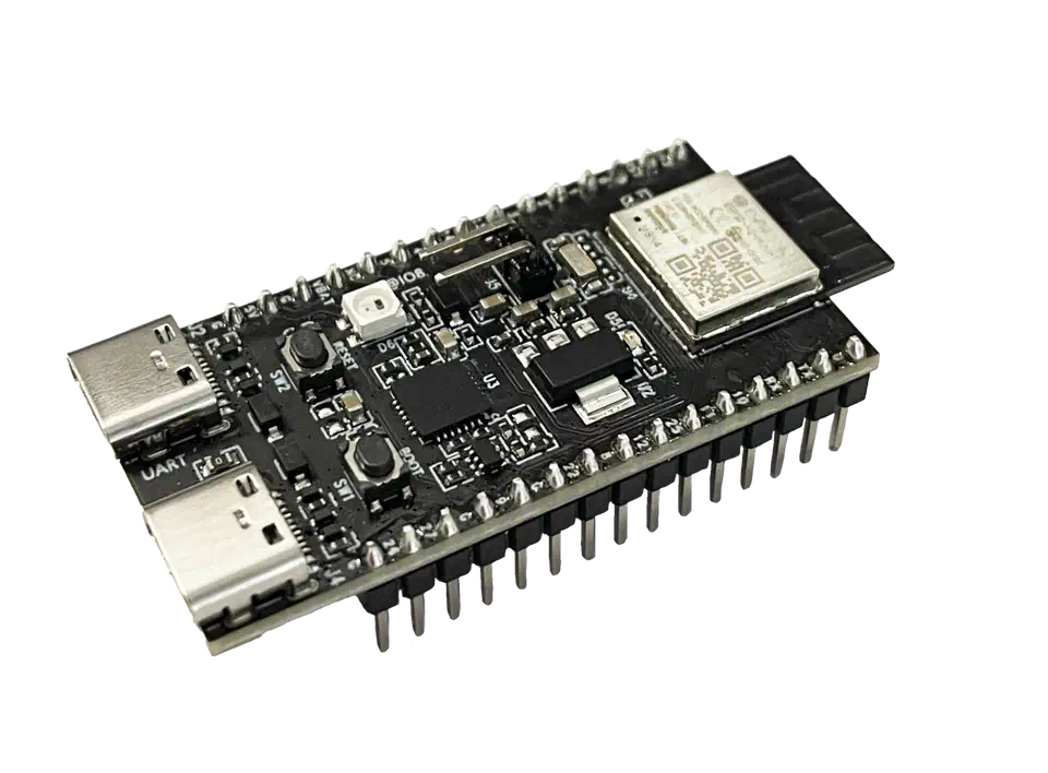 ESP32-H2-DevKitM-1 development board photographed at an angle, showing the ESP32-H2 module, micro-USB and USB ports, reset and boot buttons, and pin headers.