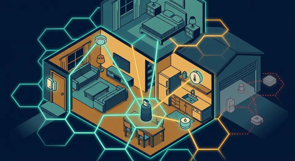 Cutaway house drawn as a Zigbee mesh with sensor nodes wired to a coordinator stick and a few older nodes dropping off