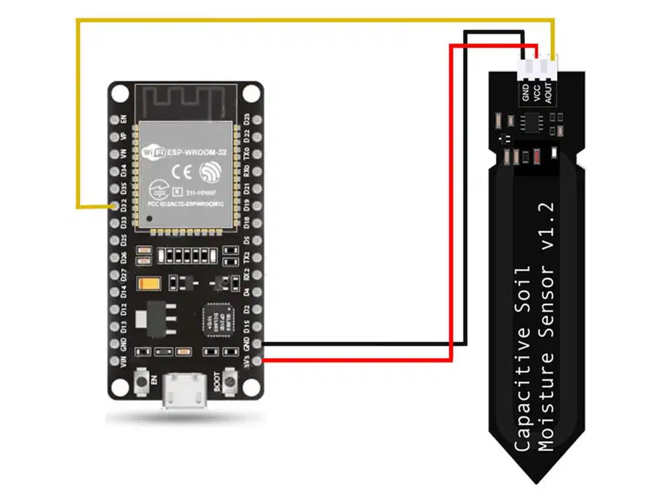 Wiring diagram showing a capacitive soil moisture sensor connected to an ESP32 board