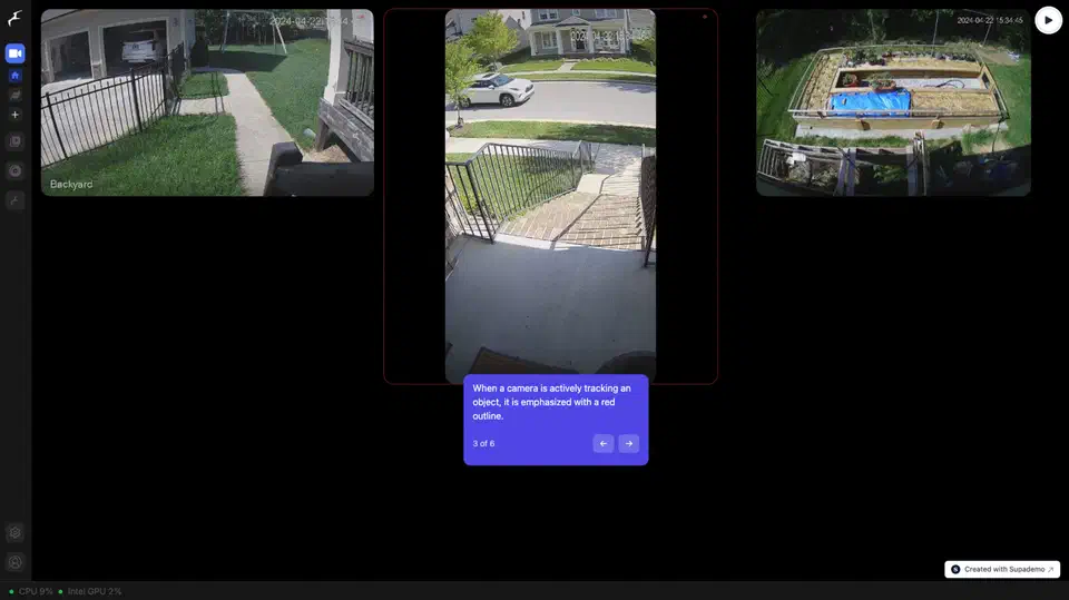 Frigate NVR live view dashboard showing camera feeds with real-time object detection