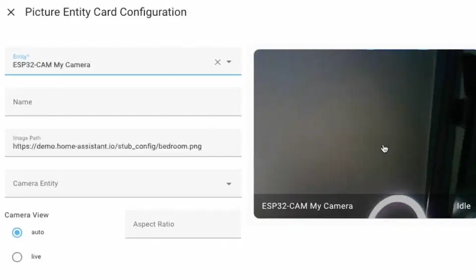 Home Assistant dashboard showing ESPHome camera picture entity card configuration
