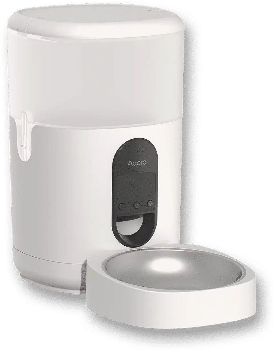 Aqara Smart Pet Feeder C1, a tall white cylindrical feeder with a clear food hopper on top and a stainless bowl at the base