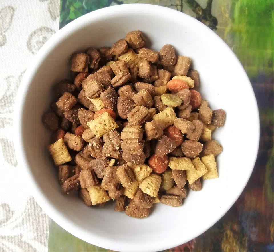 Dry cat kibble, small brown biscuits of roughly uniform size, filling a plastic pet bowl
