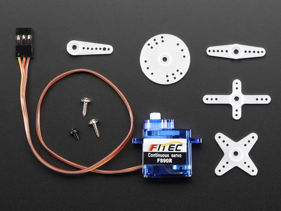 FS90R continuous rotation micro servo with included horn attachments and mounting screws