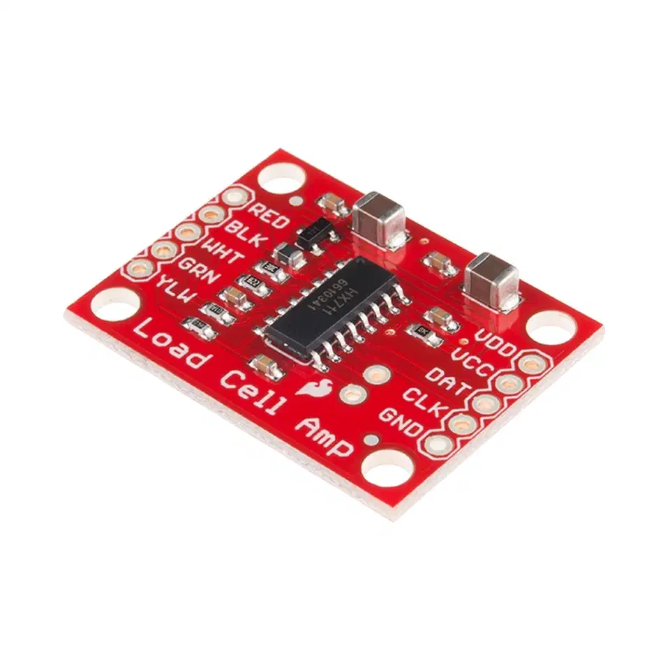 HX711 load cell amplifier breakout board, a small red PCB with the HX711 chip and two rows of labelled solder pads for the load cell and the microcontroller