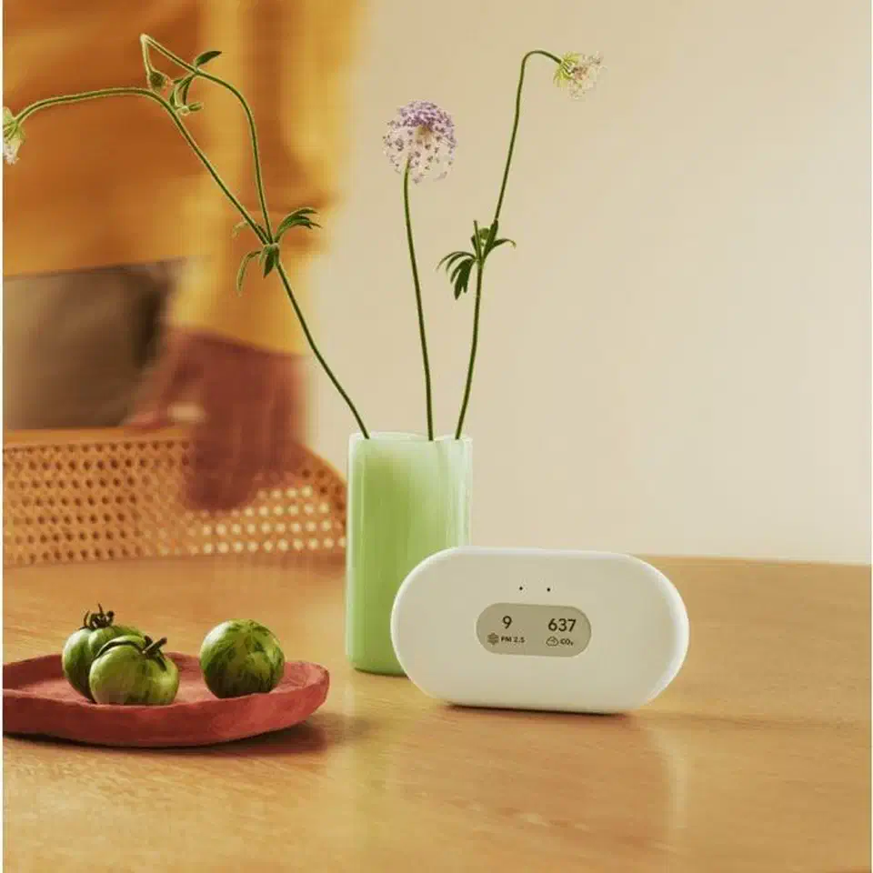 Airthings View Plus air quality monitor showing the front panel e-ink display