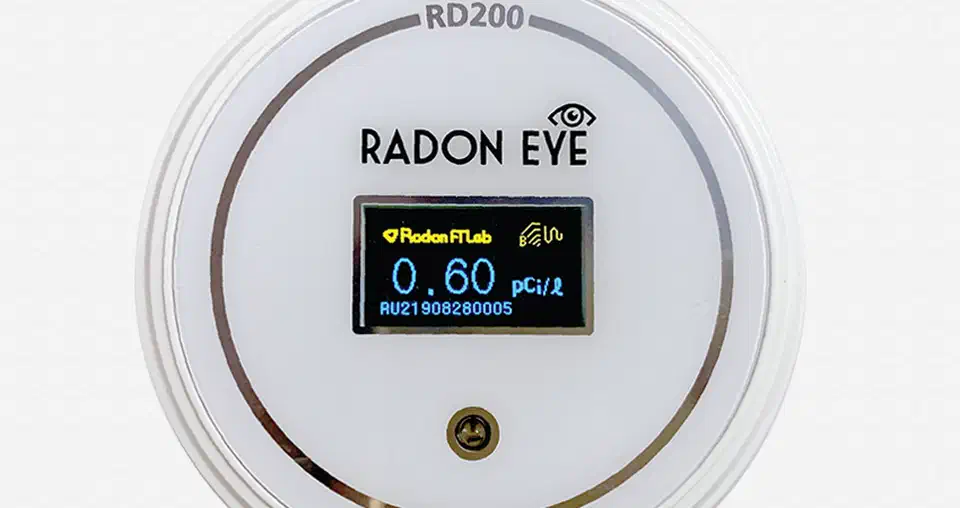 FTLab RadonEye RD200 consumer radon detector showing the same ion-chamber sensor used in the DIY build