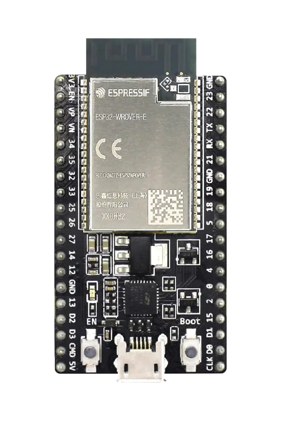 Espressif ESP32-DevKitC development board with the ESP-WROOM-32 module and USB connector