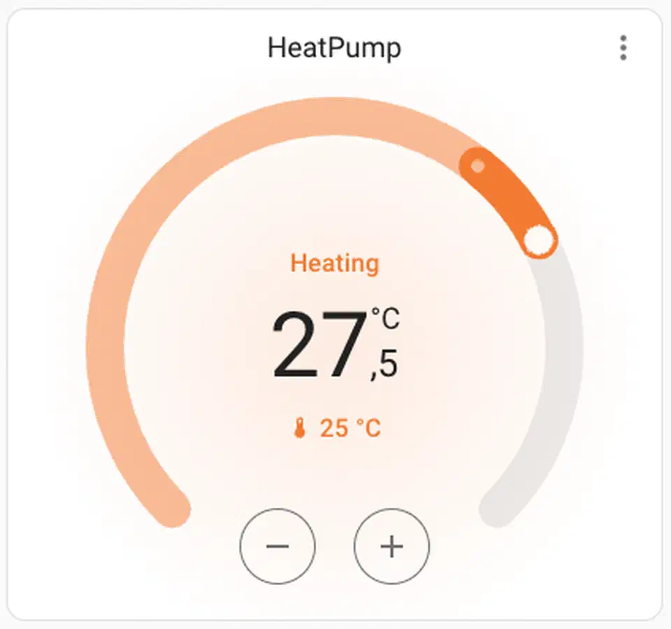 Home Assistant thermostat card showing a circular temperature dial with current and target temperatures and mode selection