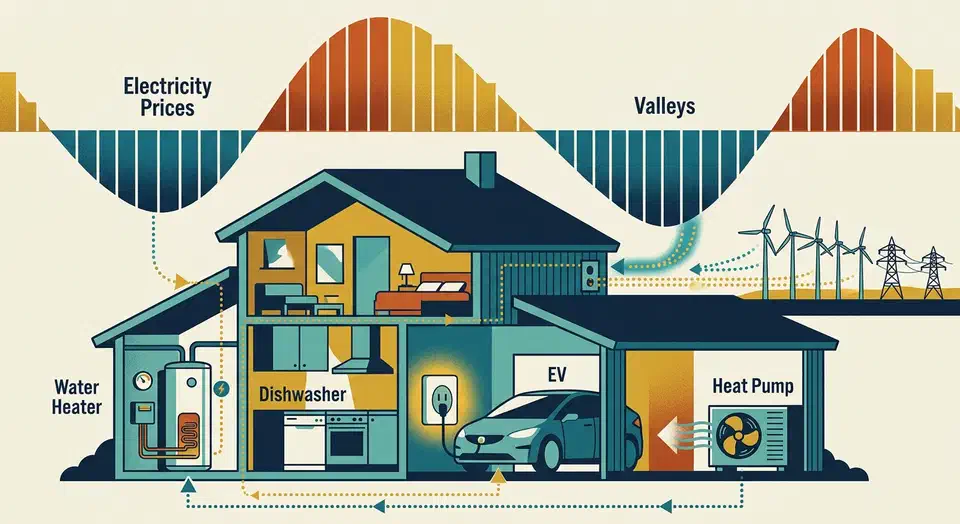 Home Assistant pulls hourly spot prices via Tibber or Nordpool to schedule EV, water heater, and heat pump loads, cutting Nordic bills 20-40% in 2026. Modern Nordic kitchen at twilight, dishwasher glowing green, EV charging in garage, tablet showing Home Assistant hourly price chart
