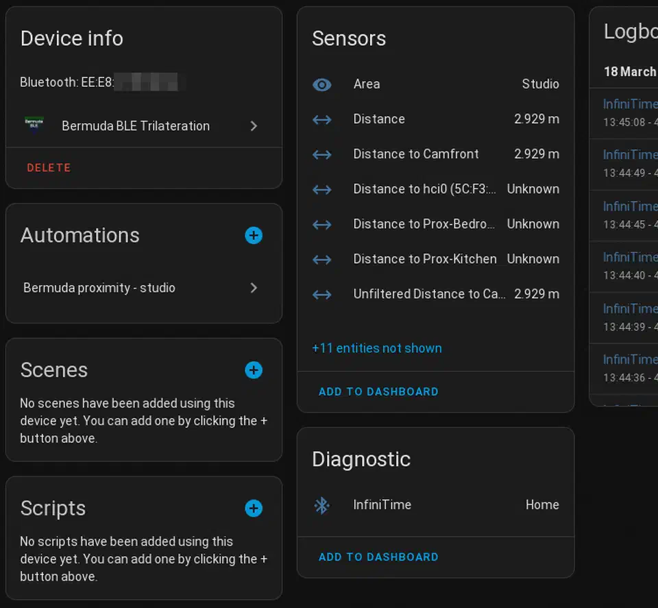 Bermuda integration device info panel in Home Assistant showing tracked BLE device sensors