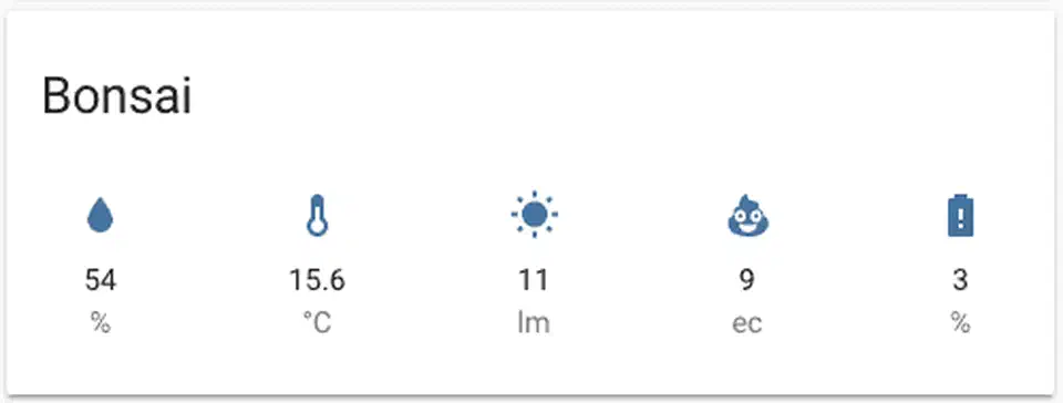 Home Assistant plant status card showing moisture data in a compact dashboard view