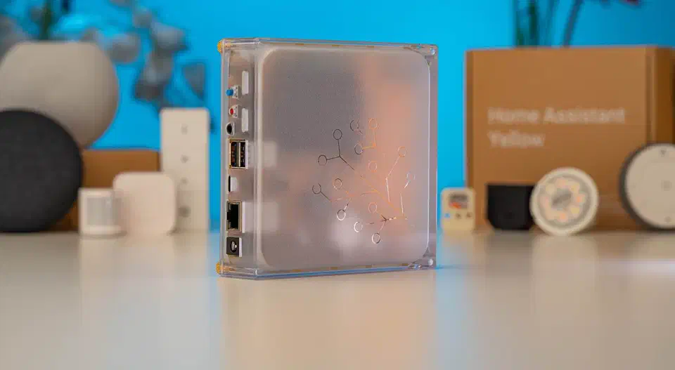Home Assistant Yellow device in its translucent enclosure, a Thread border router built around the Silicon Labs MG24 radio