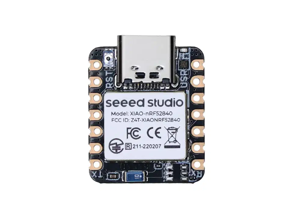 Seeed XIAO nRF52840 board front view showing the thumbnail-sized microcontroller with USB-C connector and castellated edge pads
