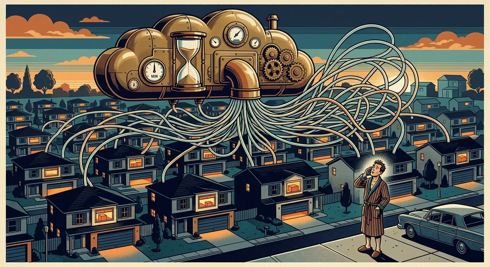 Brass cloud machine with an hourglass feeding tangled tubes into rows of suburban houses while a homeowner in a bathrobe stares up