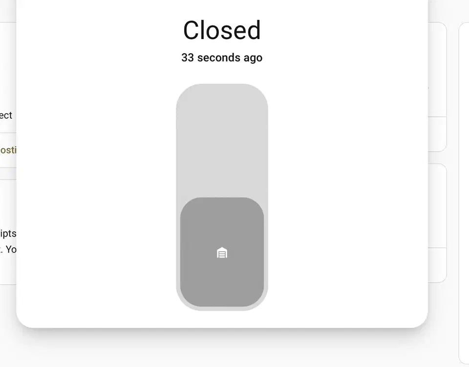 Home Assistant garage door card for a stranger&rsquo;s door showing Closed, 33 seconds ago, above a slide control