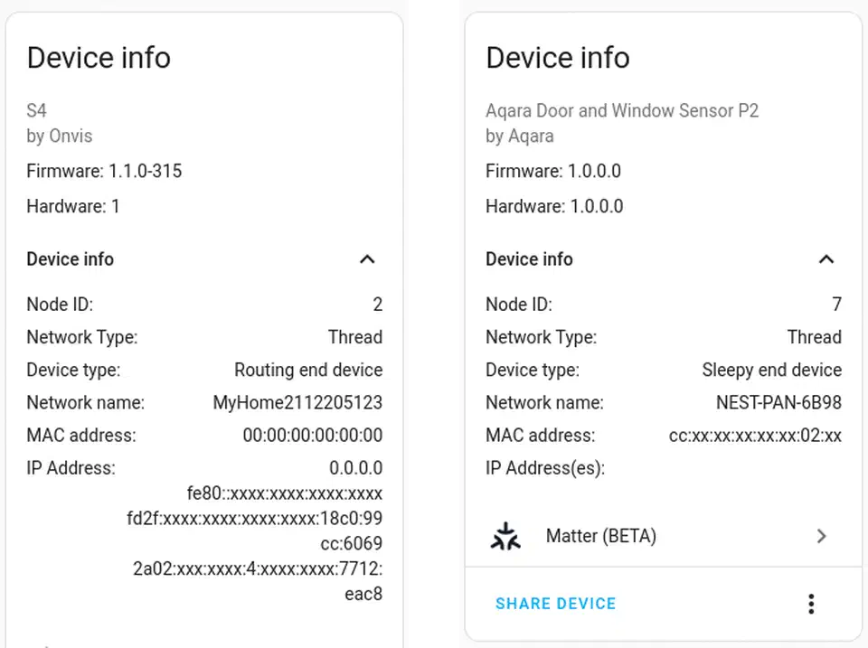 Home Assistant Matter device information panel showing fabric index, node ID, vendor ID, product ID, and diagnostics for a commissioned device