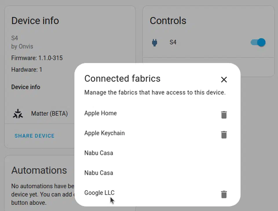 Home Assistant dialog for sharing a Matter device with another platform by generating a pairing code