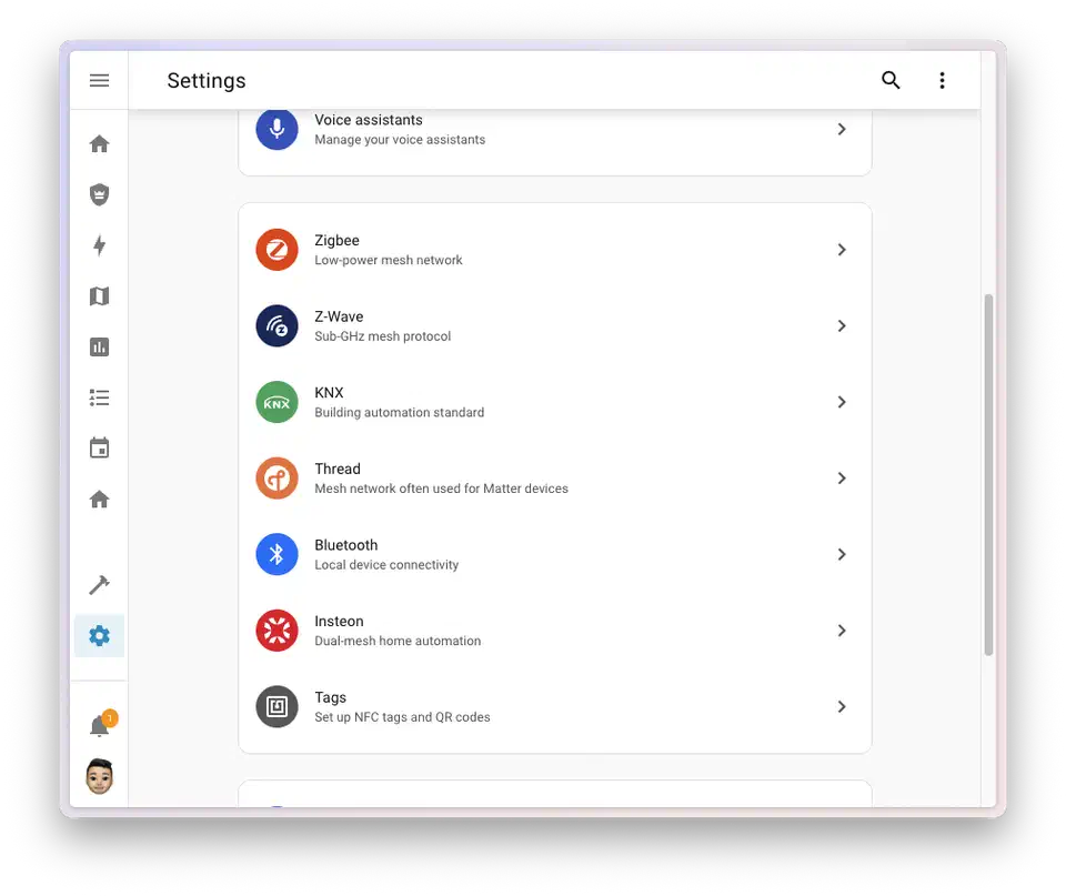 Home Assistant 2026.1 Settings page with a new Protocols section listing Matter, Zigbee, Z-Wave, Thread, Bluetooth, KNX, and Insteon