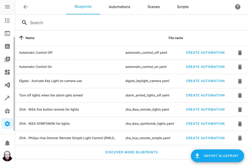 Home Assistant Blueprints panel showing available blueprints with import button