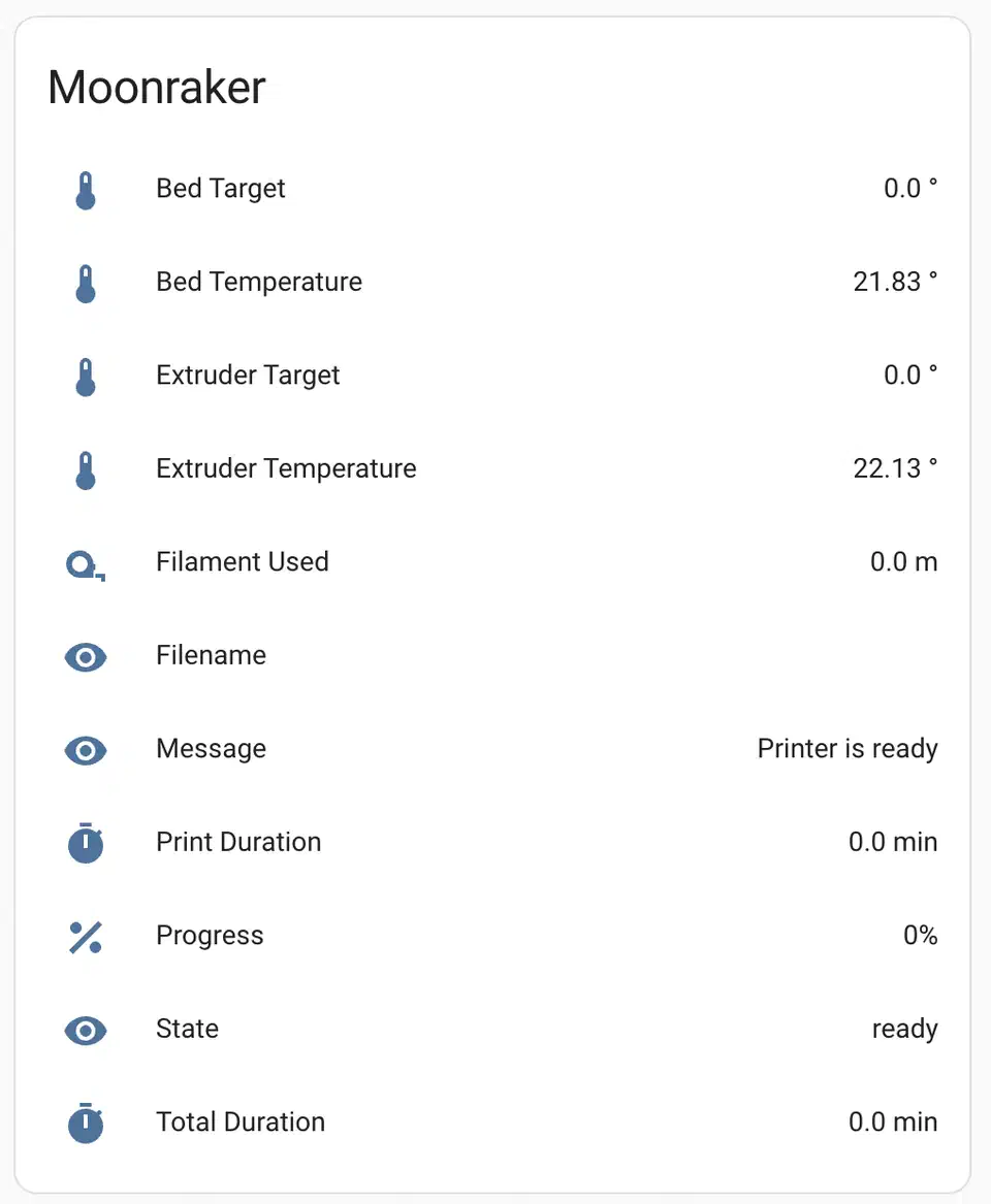 Moonraker Home Assistant integration showing printer sensor entities with temperature, progress, and status data