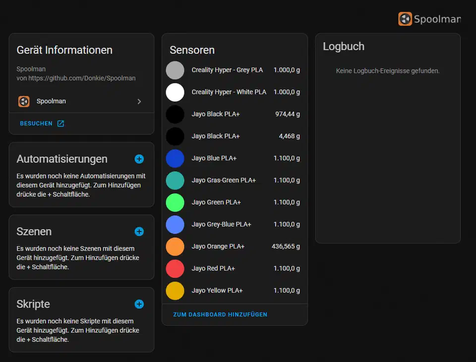 Spoolman Home Assistant integration dashboard showing filament spools with remaining weight and color indicators