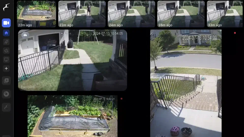 Frigate live dashboard showing a grid of multiple live camera feeds with object detection bounding boxes and a timeline