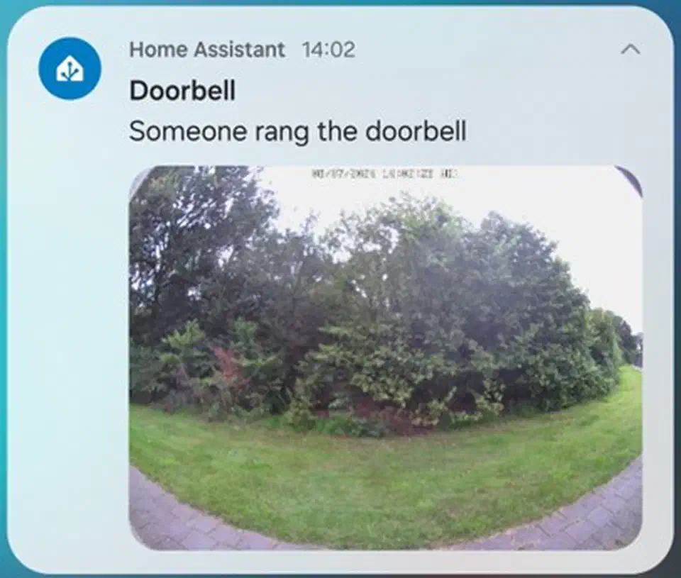 Expanded Home Assistant rich push notification showing a Reolink doorbell visitor snapshot with action buttons