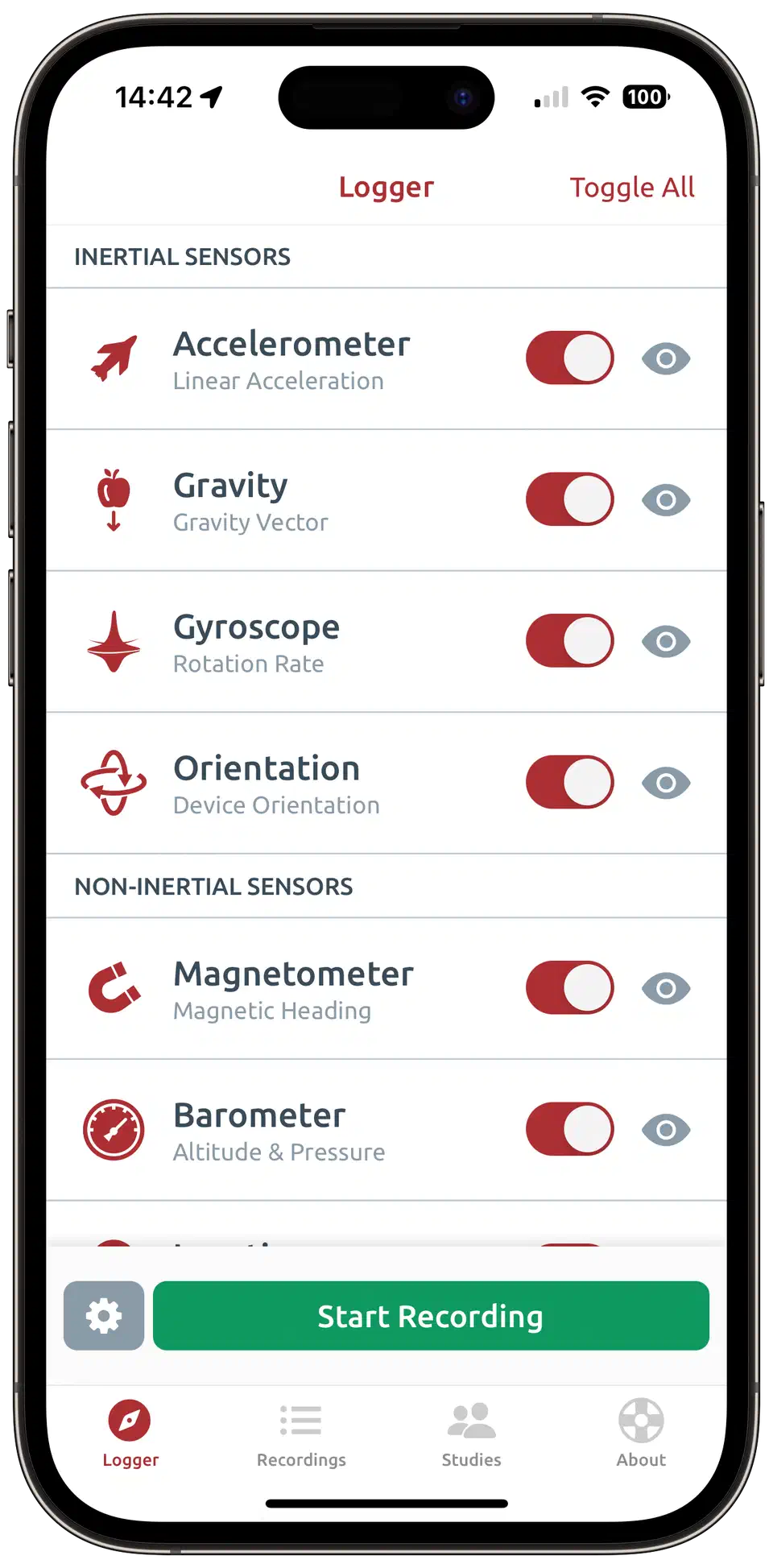 Sensor Logger app showing active sensor recording screen with accelerometer, light, and barometer readings