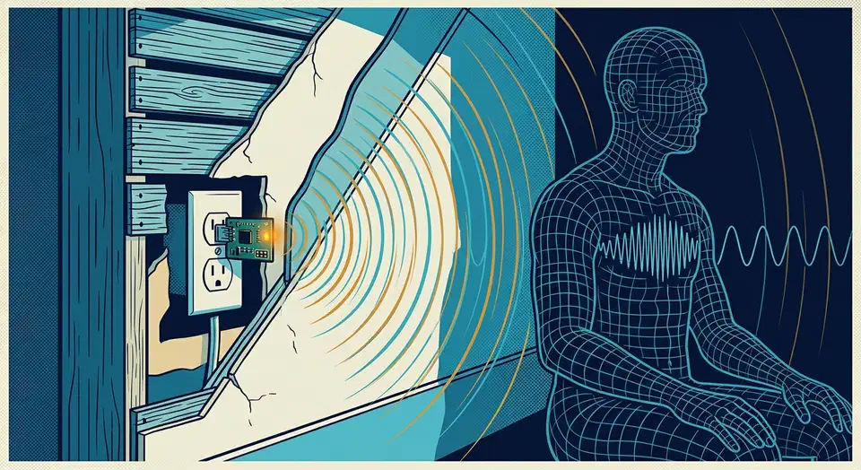 Circuit board in a wall socket sending radio waves through a wall to a seated figure drawn as breathing and heartbeat waveforms