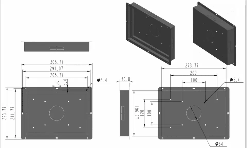Dimensional drawing of a Geekland PoE tablet showing flush in-wall mounting with recessed box