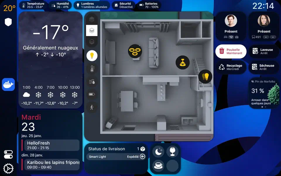 Dark-themed HomeOS wall tablet dashboard showing room tiles, weather, cameras, and quick-access controls in a Home Assistant Lovelace layout