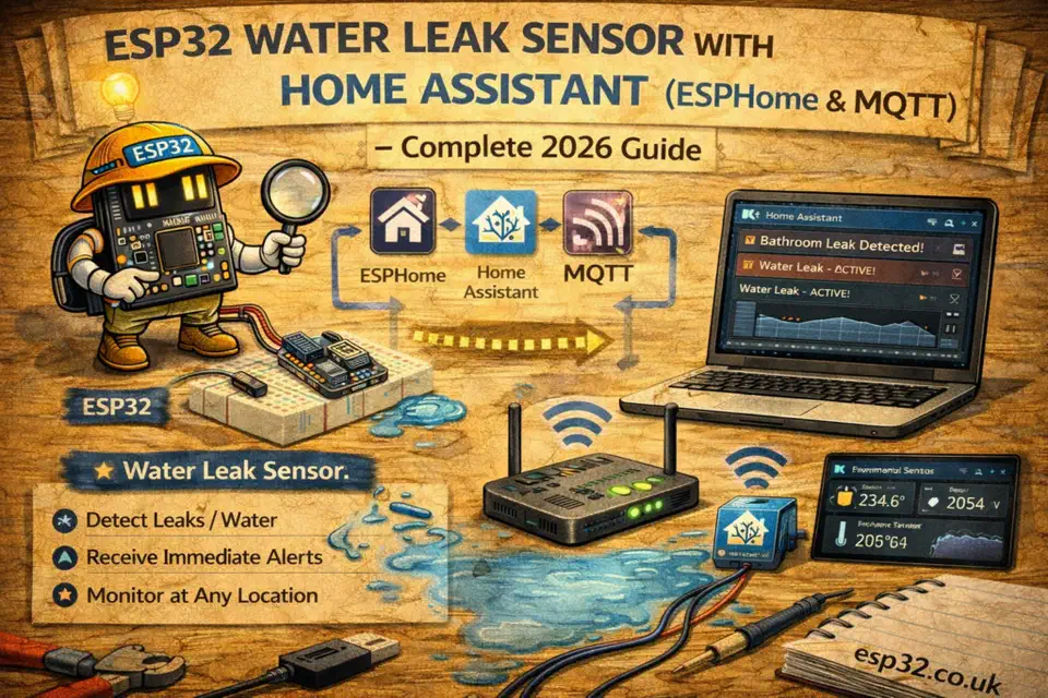 ESP32 board wired to resistive water leak sensor probes on a benchtop