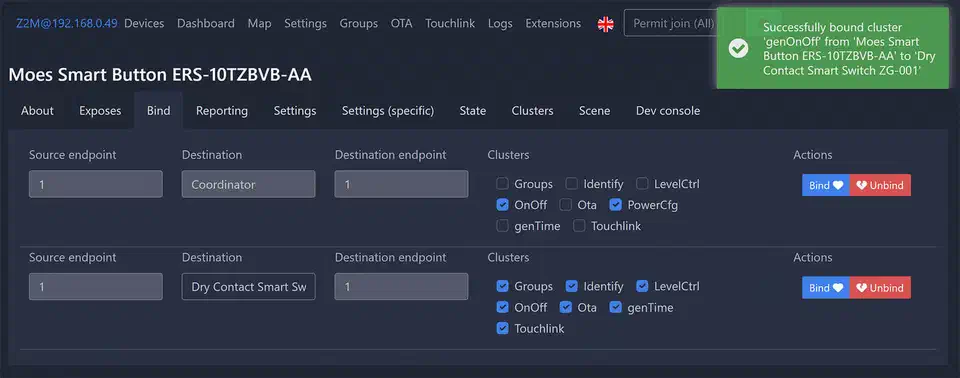 Zigbee2MQTT Bind tab showing source endpoint, destination device, and cluster list with a successful bind result