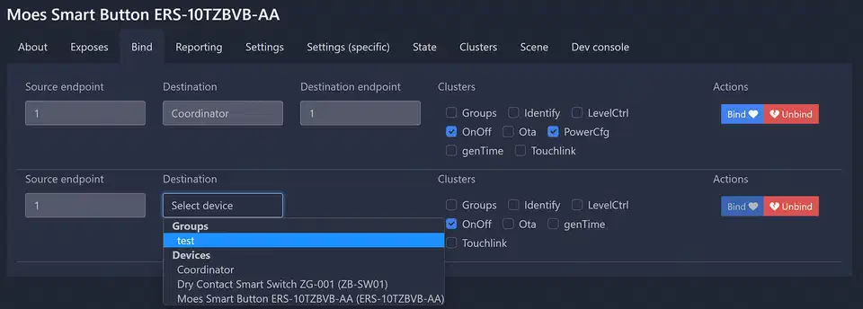 Zigbee2MQTT Bind tab with a group selected as the destination instead of a single device