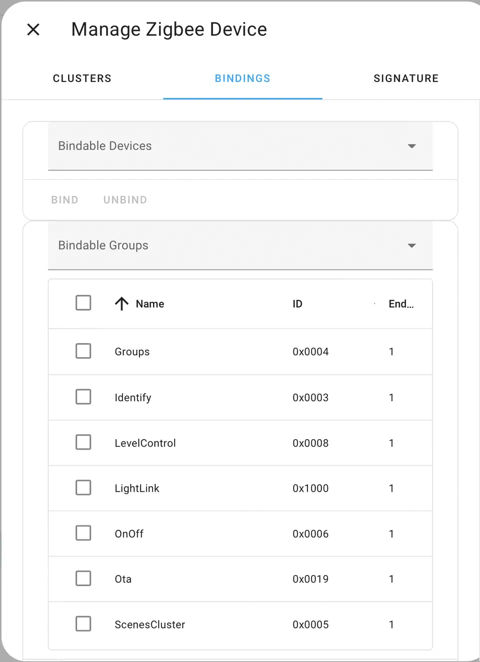 ZHA binding management screen in Home Assistant showing source and destination device bindings with cluster IDs