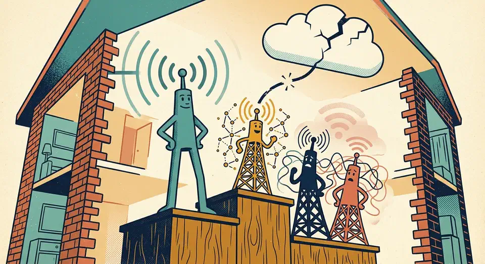 Four radio-tower figures on a podium inside a cutaway house, with a cracked cloud icon severed above the local mesh