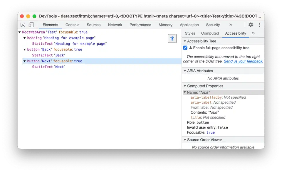 Chrome DevTools full accessibility tree view showing how the browser exposes ARIA roles and properties for every element on the page