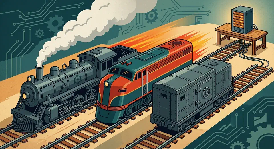 Compare JavaScript runtimes for self-hosting in 2026: Node, Bun, and Deno on speed, npm compatibility, Docker size, native addons, and migration cost. Three locomotive engines race along parallel tracks toward a single glowing home server rack on a workbench