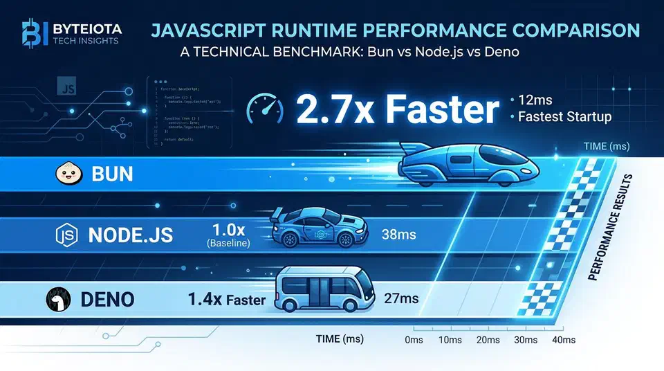 Benchmark chart comparing JavaScript runtime performance across Bun, Node.js, and Deno in 2026