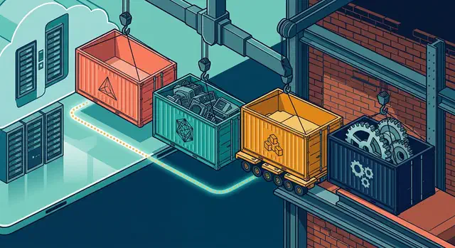 Four colored framework cargo containers being moved from a glossy cloud platform dock onto a self-hosted server rack