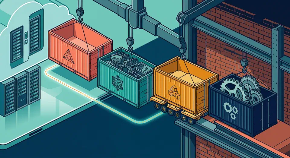 Four colored framework cargo containers being moved from a glossy cloud platform dock onto a self-hosted server rack