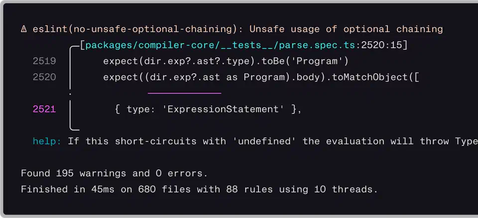 Oxlint terminal output displaying linting results with color-coded diagnostics