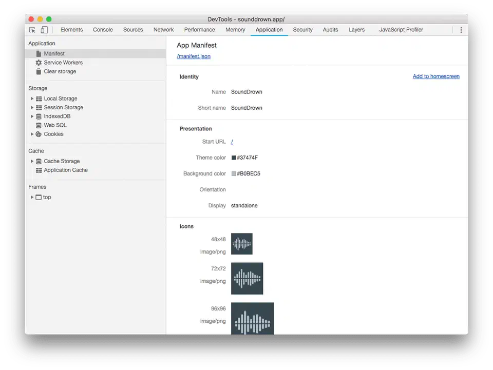 Chrome DevTools Application panel showing the Manifest tab with parsed fields and installability status