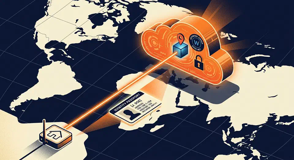 A glowing cloud-shaped edge node over a world map stamping an incoming data packet with a location pin, network tag, and padlock